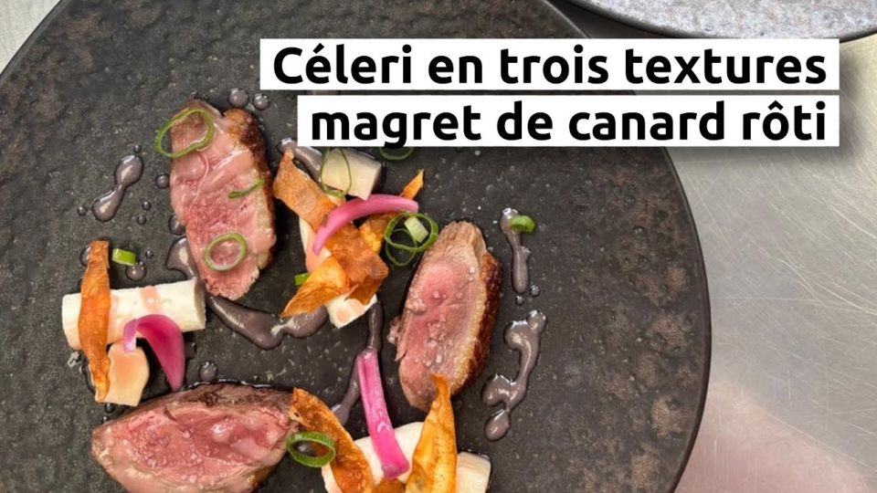 A feu doux : Nouvelle ère #2 Céleri en trois textures et magret de canard rôti, vinaigrette framboise