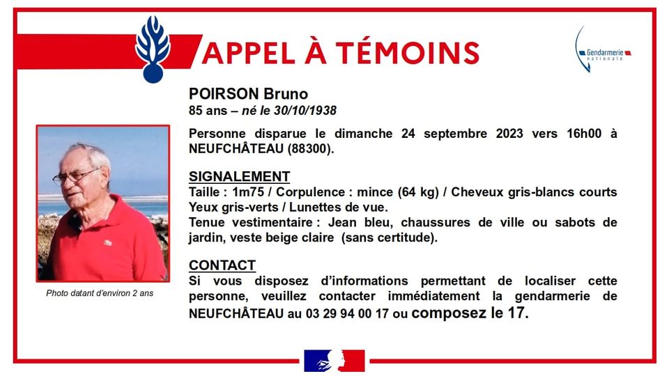 Disparition de Bruno Poirson à Neufchâteau : les recherches interrompues mais l’enquête se poursuit