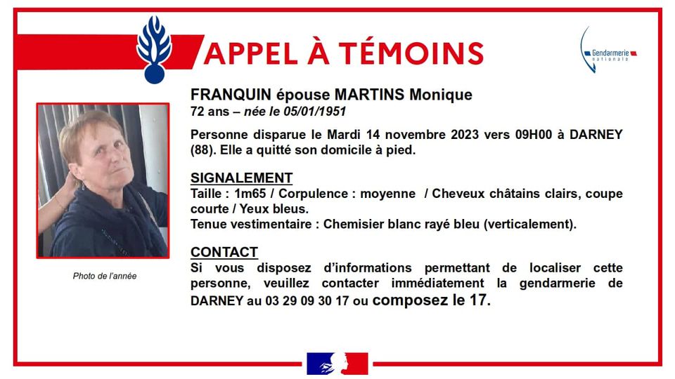 Darney, disparition inquiétante : Monique Martins n'a pas donné de nouvelle depuis mardi matin